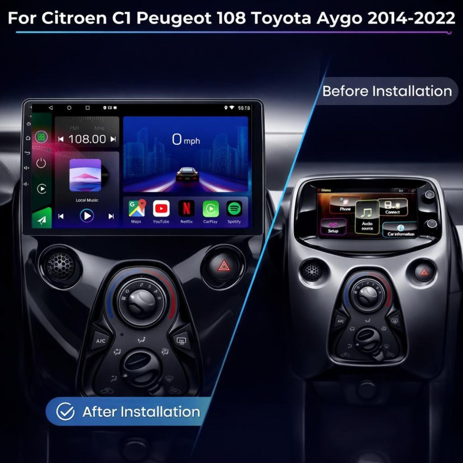 Peugeot 108 | Citroen C1 | Toyota Aygo | Android 14 | Car Stereo | Head Unit | 2014-2022 - Pluscenter